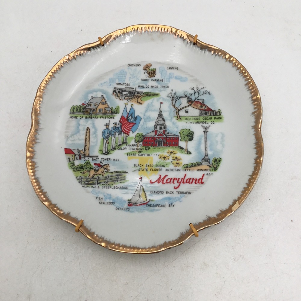 Vintage Maryland Souvenir Collector Plate Gold Scalloped Rim 7.25 Inch State Map